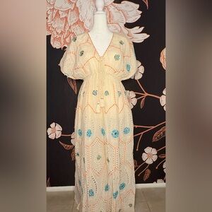 Papa Pia Cream Maxi Dress with Blue & Orange Embroidered Accents & Sequin Detail